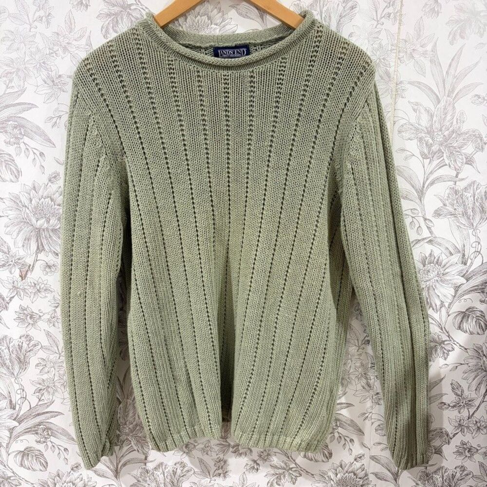 VTG Lands End Roll Neck Womens Linen Cotton Blend Knit Sweater Fishermen Sz M